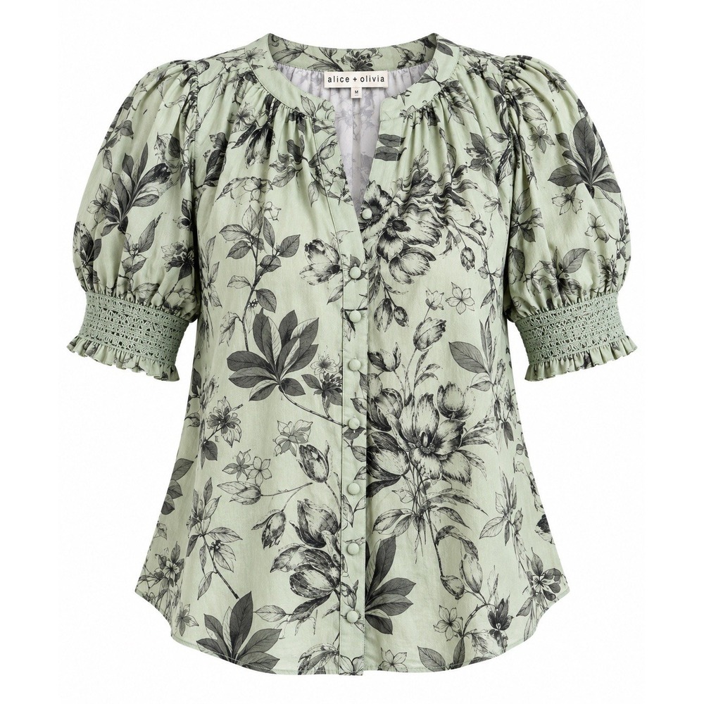 Alice + Olivia Thalia Floral Puff Sleeve Top M Mystic Garden Sage NWOT $330